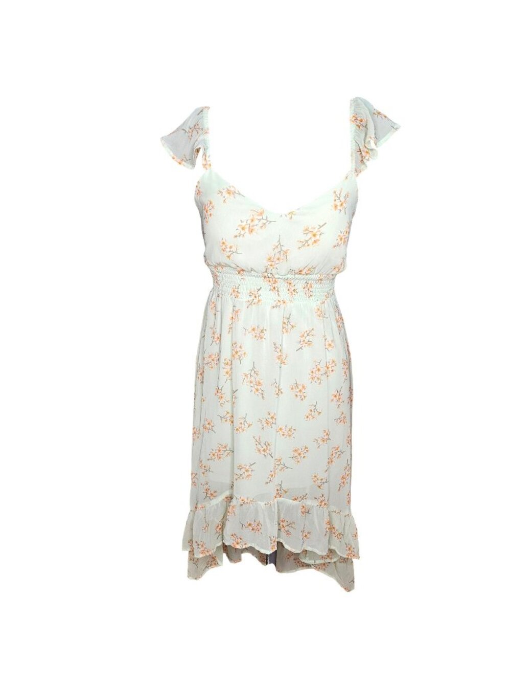 Floral Midi Dress With Ruffle Hem And Smocked Waist - Light Green & Orange Bloss